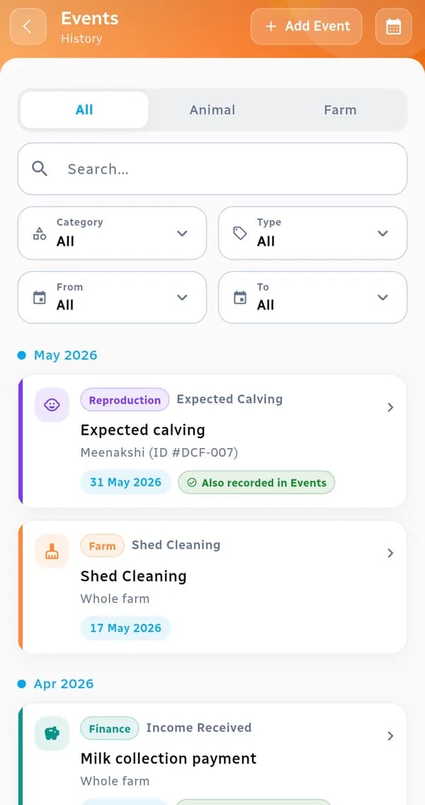 Events dashboard for animal and farm events