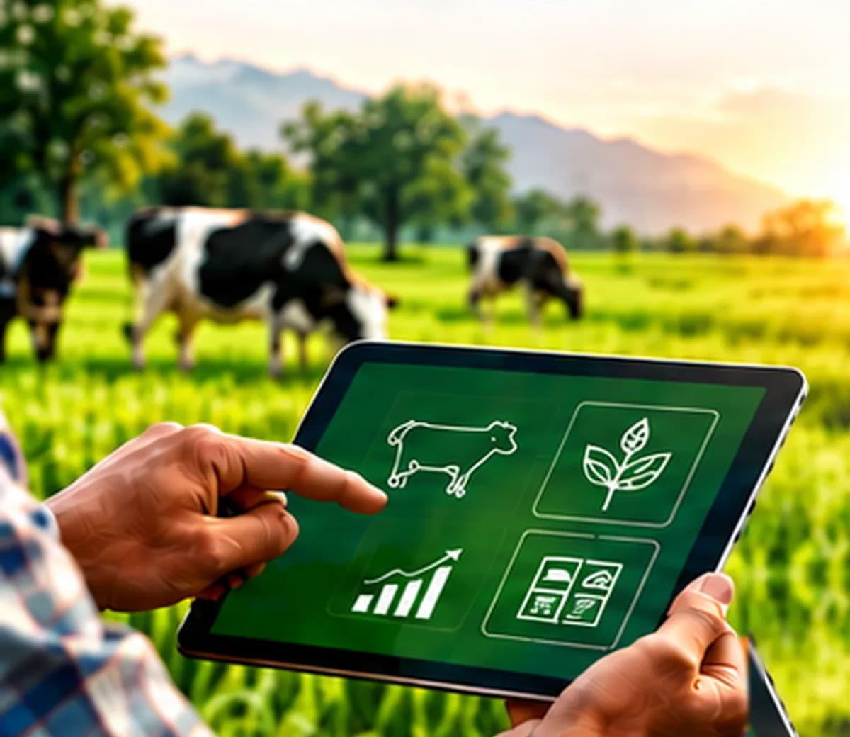 A farmer using a tablet in a cattle field at sunrise