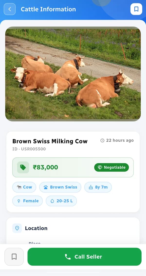 Cattle listing with photo, breed, age, milk range, price and a Call Seller button