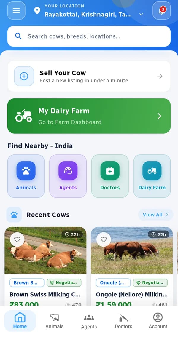 Marketplace home: sell your cow, find nearby animals, agents, doctors and dairy farms